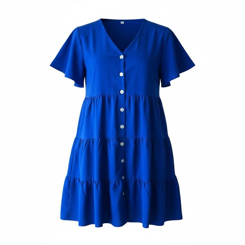 Women Royal Blue V-Neck Tiered Button Front Boho Style Mini Dress Size M